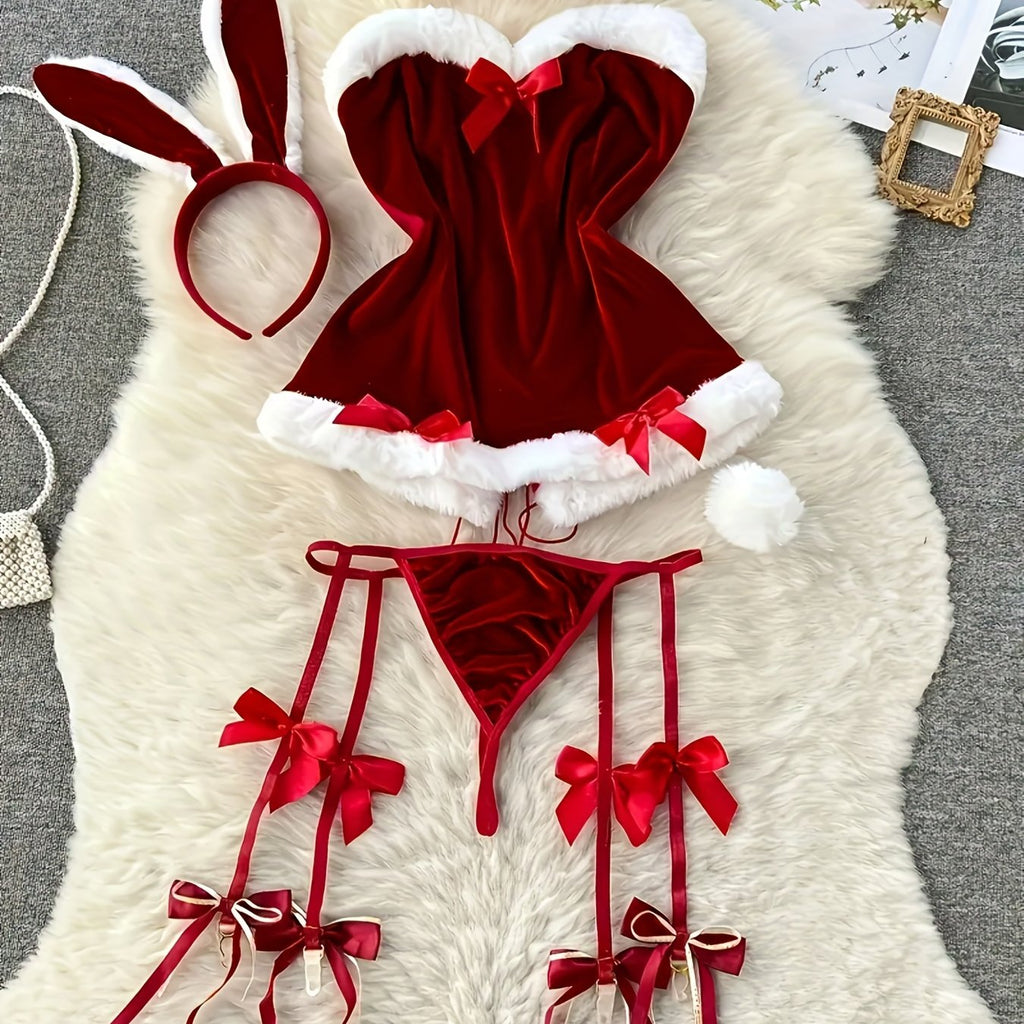 Women'S Sexy Naughty Santa Cosplay Costume - Red & White Christmas Lingerie Set with Raw Edges, Bow Details & Stretch Fabric - Complete Outfit with Dress, Thong, Headband & Collar - Comfortable & Durable for Themed Parties, R