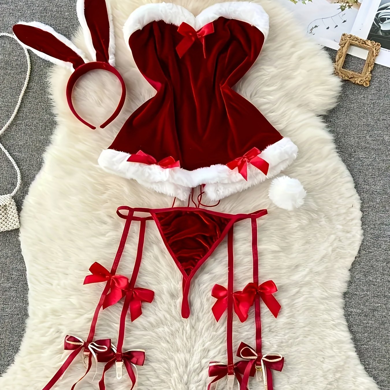 Women'S Sexy Naughty Santa Cosplay Costume - Red & White Christmas Lingerie Set with Raw Edges, Bow Details & Stretch Fabric - Complete Outfit with Dress, Thong, Headband & Collar - Comfortable & Durable for Themed Parties, R