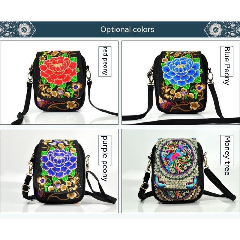 Women's Lightweight Embroidered Crossbody Bag with Detachable Strap - Floral Geometric Embroidery Design, Zipper Closure, Compact Mini Shoulder Bag for Everyday Essentials (Navy/Purple/Red/Black), Crossbody Bag, Polyester Lin
