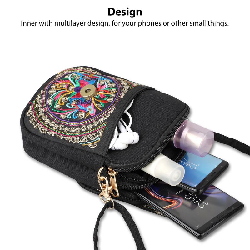 Women's Lightweight Embroidered Crossbody Bag with Detachable Strap - Floral Geometric Embroidery Design, Zipper Closure, Compact Mini Shoulder Bag for Everyday Essentials (Navy/Purple/Red/Black), Crossbody Bag, Polyester Lin