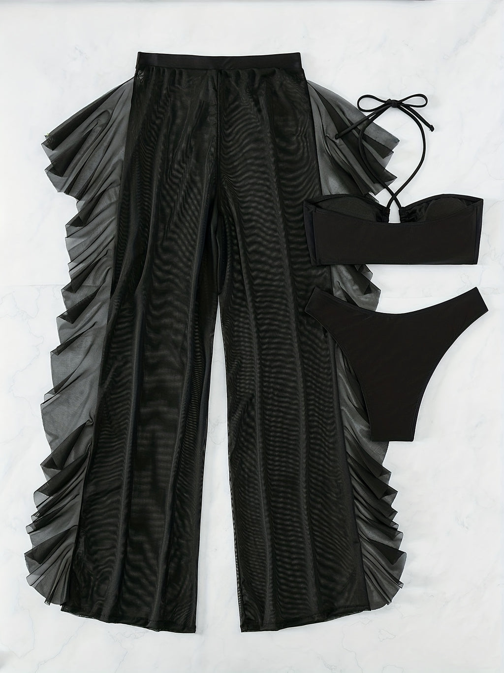 Pure Black Sexy Semi-Sheer Fashion Ruched Crisscross Strap Mesh Panty Bikini Set for Women