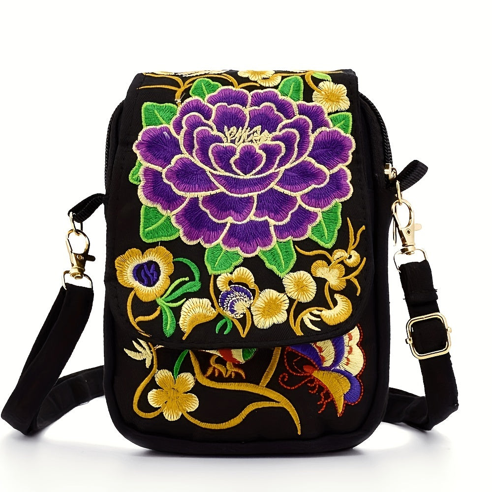 Women's Lightweight Embroidered Crossbody Bag with Detachable Strap - Floral Geometric Embroidery Design, Zipper Closure, Compact Mini Shoulder Bag for Everyday Essentials (Navy/Purple/Red/Black), Crossbody Bag, Polyester Lin