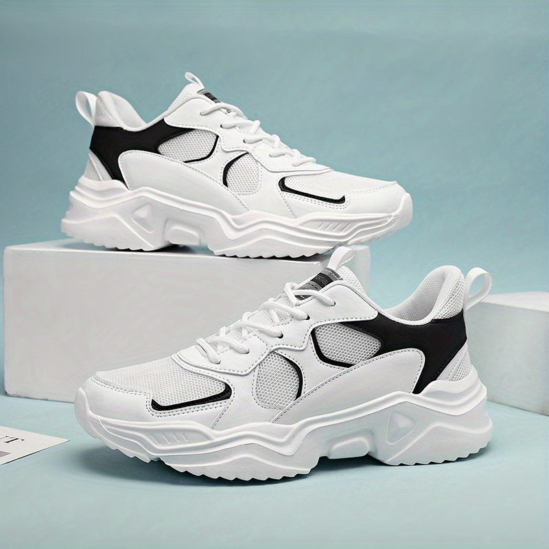 Men's Breathable Mesh Chunky Sneakers - White & Teal Casual Sneakers with EVA Sole, Lace-Up Design for All Seasons