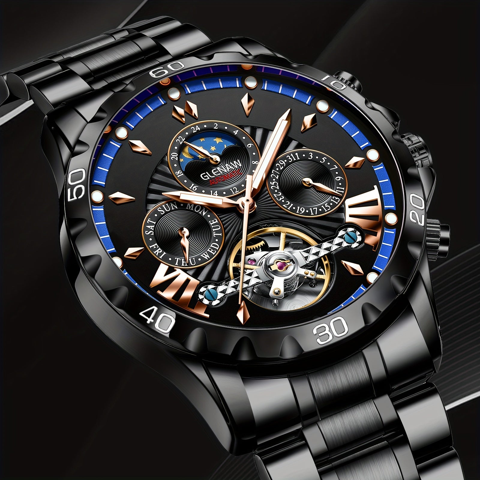 Premium Mens Automatic Mechanical Watch - 24H Dial, Date & Day Display, Self-Winding - Stylish Timekeeping for Everyday Wear