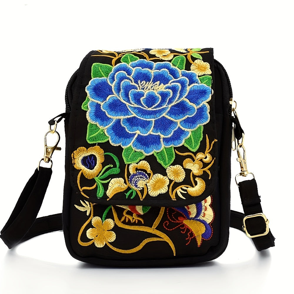 Women's Lightweight Embroidered Crossbody Bag with Detachable Strap - Floral Geometric Embroidery Design, Zipper Closure, Compact Mini Shoulder Bag for Everyday Essentials (Navy/Purple/Red/Black), Crossbody Bag, Polyester Lin