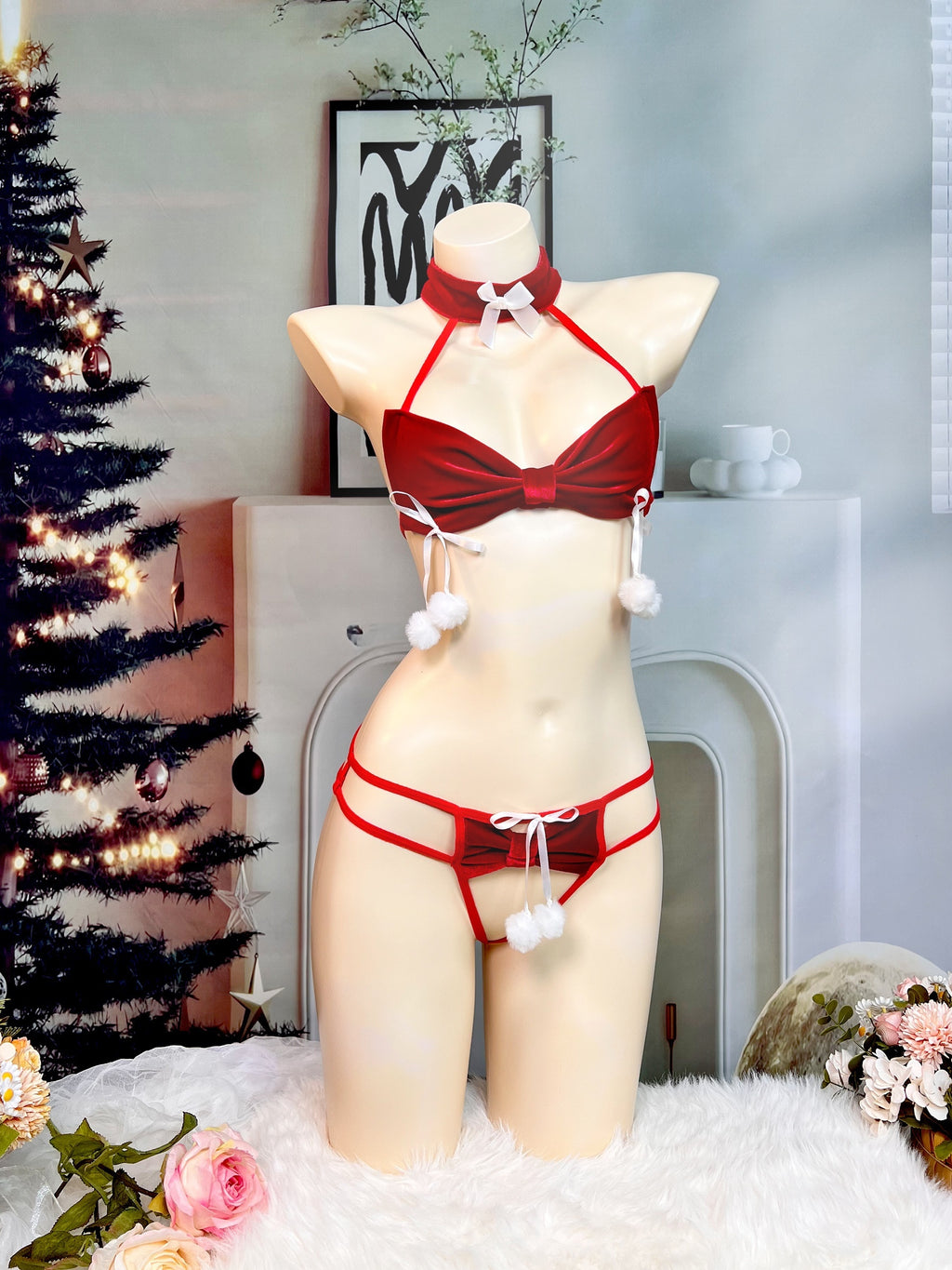 Women's Sexy Christmas Lingerie Set, Bra & Open Crotch Thong, Women's Sexy Lingerie & Underwear