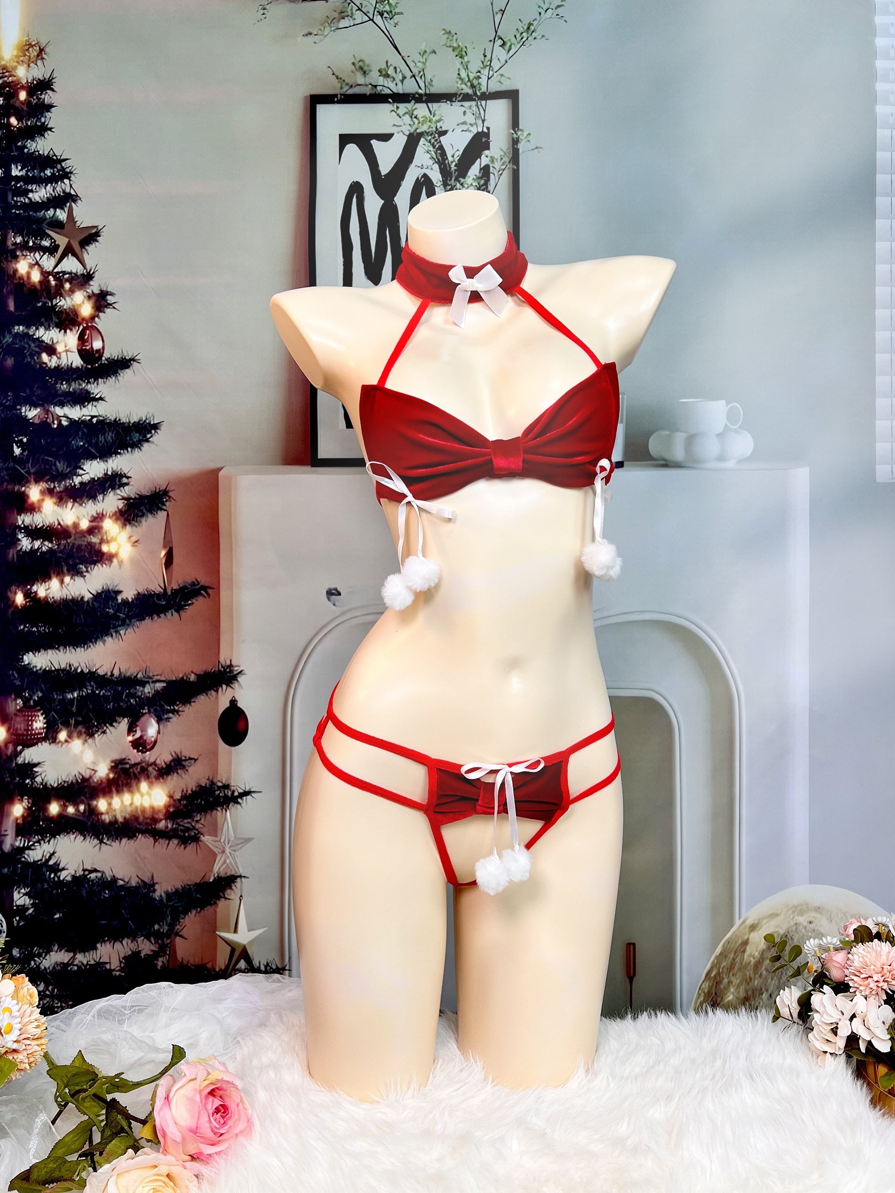 Women's Sexy Christmas Lingerie Set, Bra & Open Crotch Thong, Women's Sexy Lingerie & Underwear