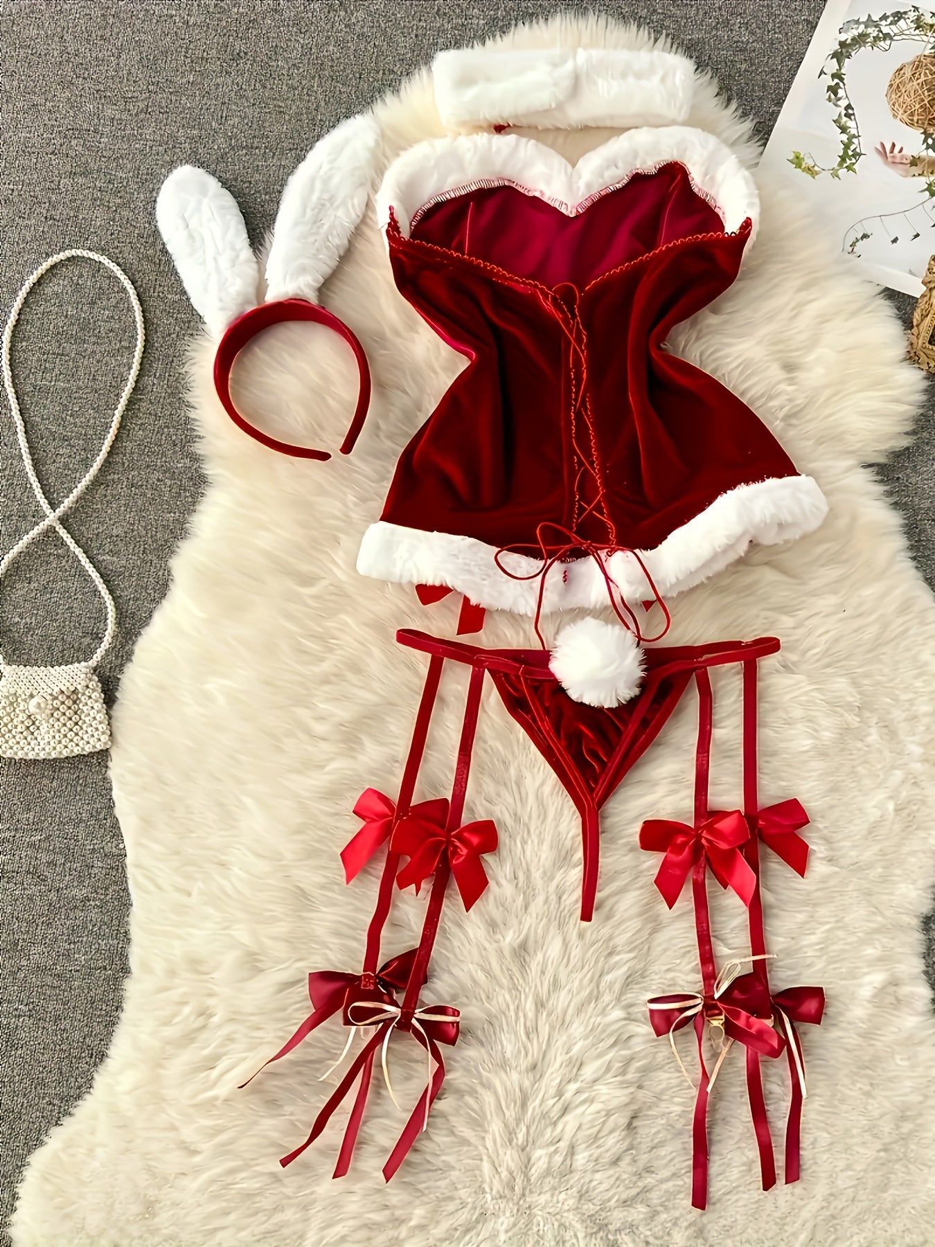 Women'S Sexy Naughty Santa Cosplay Costume - Red & White Christmas Lingerie Set with Raw Edges, Bow Details & Stretch Fabric - Complete Outfit with Dress, Thong, Headband & Collar - Comfortable & Durable for Themed Parties, R