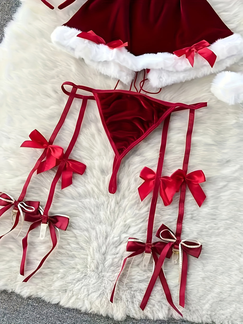 Women'S Sexy Naughty Santa Cosplay Costume - Red & White Christmas Lingerie Set with Raw Edges, Bow Details & Stretch Fabric - Complete Outfit with Dress, Thong, Headband & Collar - Comfortable & Durable for Themed Parties, R