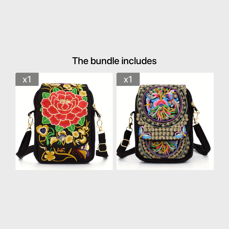 Women's Lightweight Embroidered Crossbody Bag with Detachable Strap - Floral Geometric Embroidery Design, Zipper Closure, Compact Mini Shoulder Bag for Everyday Essentials (Navy/Purple/Red/Black), Crossbody Bag, Polyester Lin