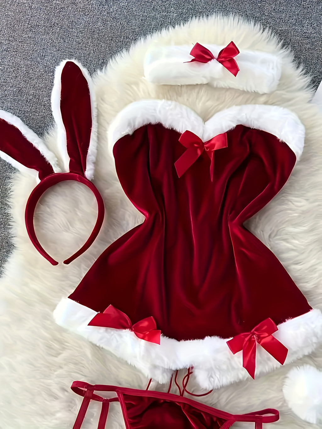 Women'S Sexy Naughty Santa Cosplay Costume - Red & White Christmas Lingerie Set with Raw Edges, Bow Details & Stretch Fabric - Complete Outfit with Dress, Thong, Headband & Collar - Comfortable & Durable for Themed Parties, R