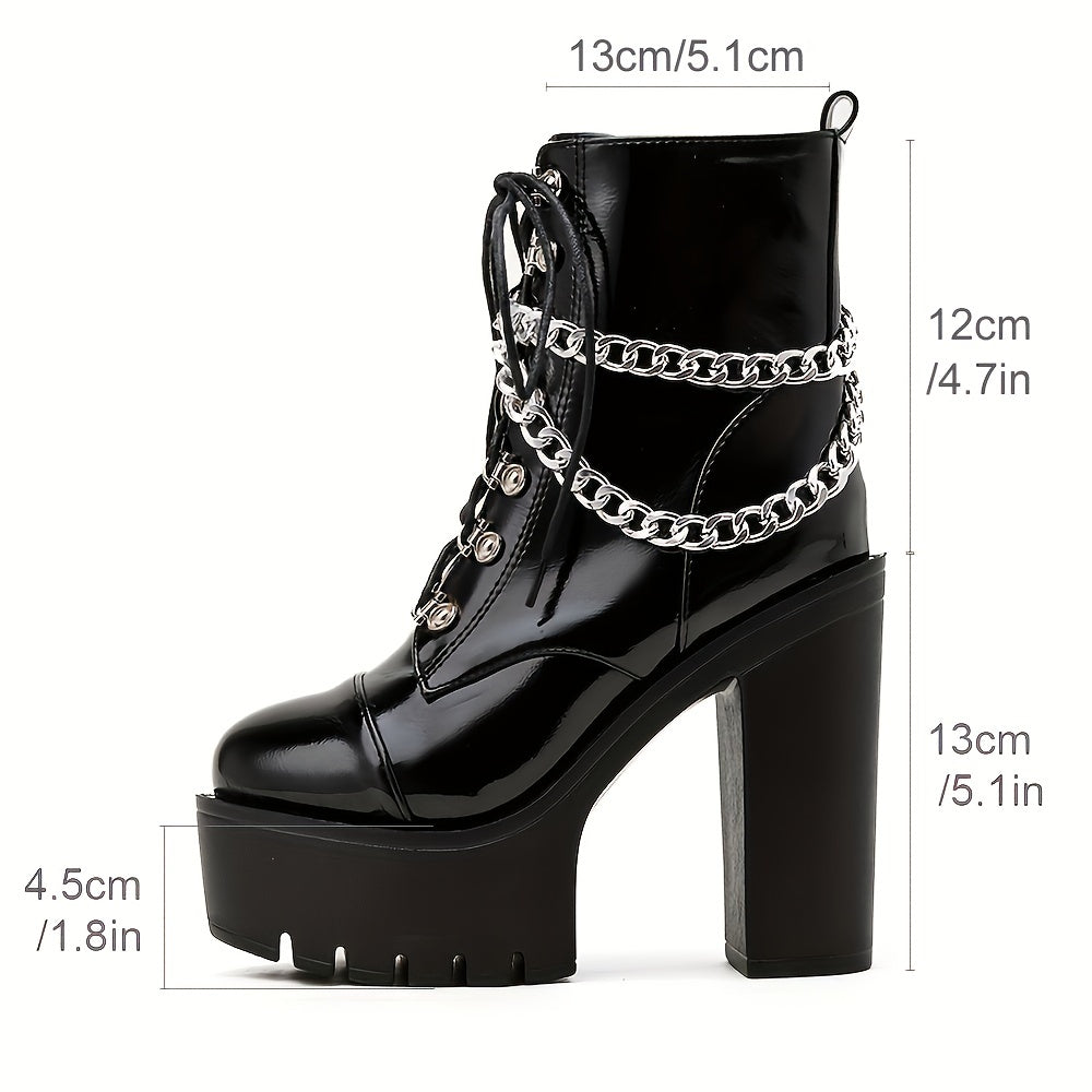 GDGYDH Women's Black Gothic Ankle Boots with Chain Accents - High Heel, Lace-Up, Cover Platform Boots for Party Wear, Round Toe, All-Season, Fashion Boots|Edgy Boot Design|Decorative Chain Detail, High Heel Boots