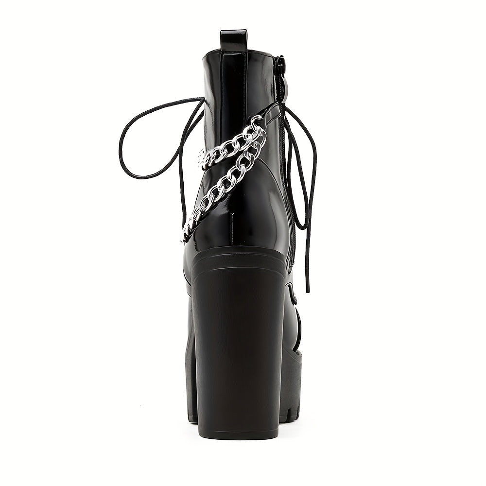 GDGYDH Women's Black Gothic Ankle Boots with Chain Accents - High Heel, Lace-Up, Cover Platform Boots for Party Wear, Round Toe, All-Season, Fashion Boots|Edgy Boot Design|Decorative Chain Detail, High Heel Boots