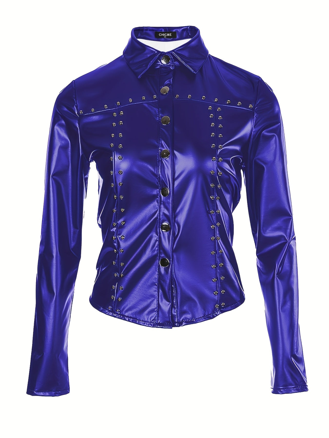 Long Sleeve Solid PU Sexy Slim Button Front Collar Blouse, Women's Clothing