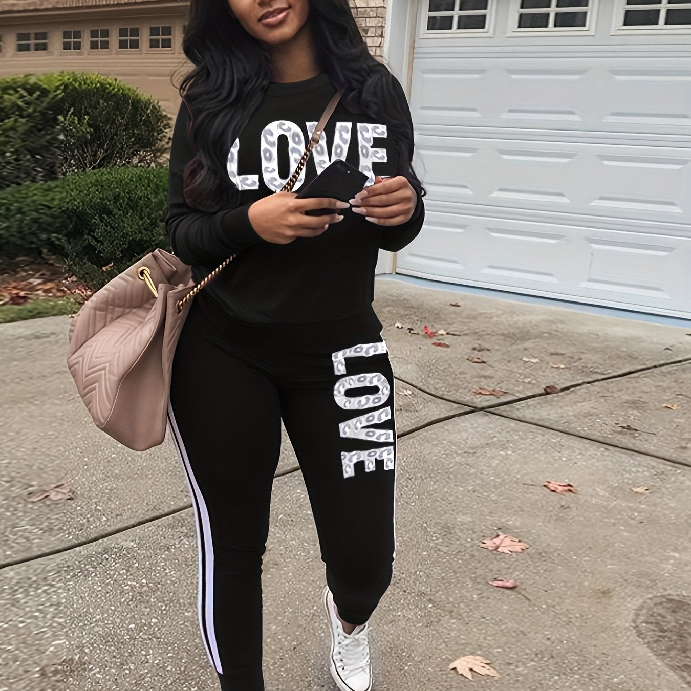 Women's Sports Two-piece Set, Love Letter Print Long Sleeve Top & Pants For Fall & Winter, Women's Clothing