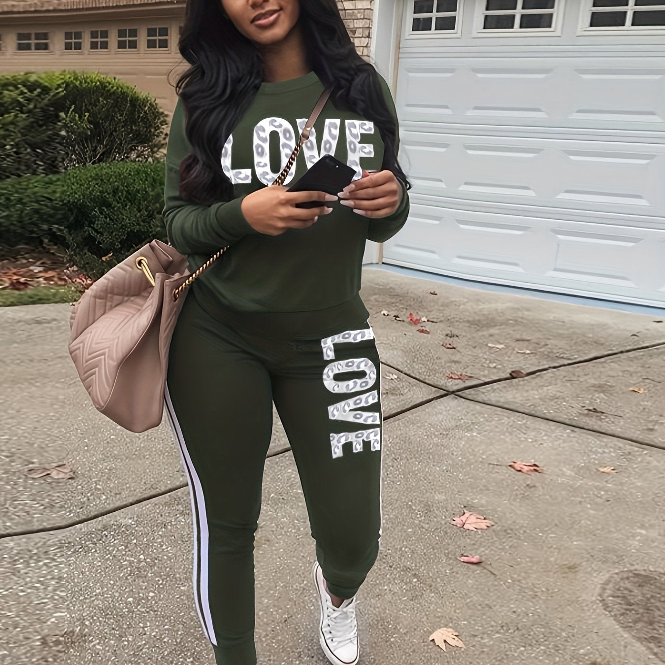 Women's Sports Two-piece Set, Love Letter Print Long Sleeve Top & Pants For Fall & Winter, Women's Clothing