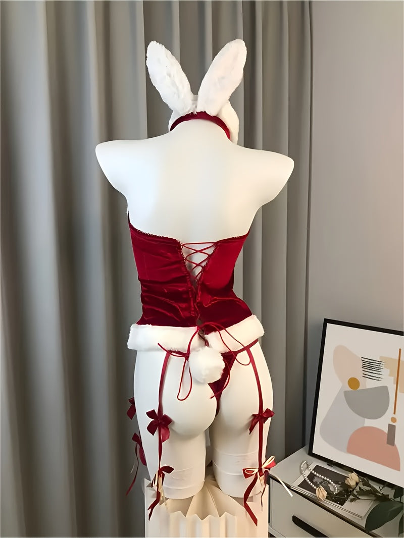 Women'S Sexy Naughty Santa Cosplay Costume - Red & White Christmas Lingerie Set with Raw Edges, Bow Details & Stretch Fabric - Complete Outfit with Dress, Thong, Headband & Collar - Comfortable & Durable for Themed Parties, R