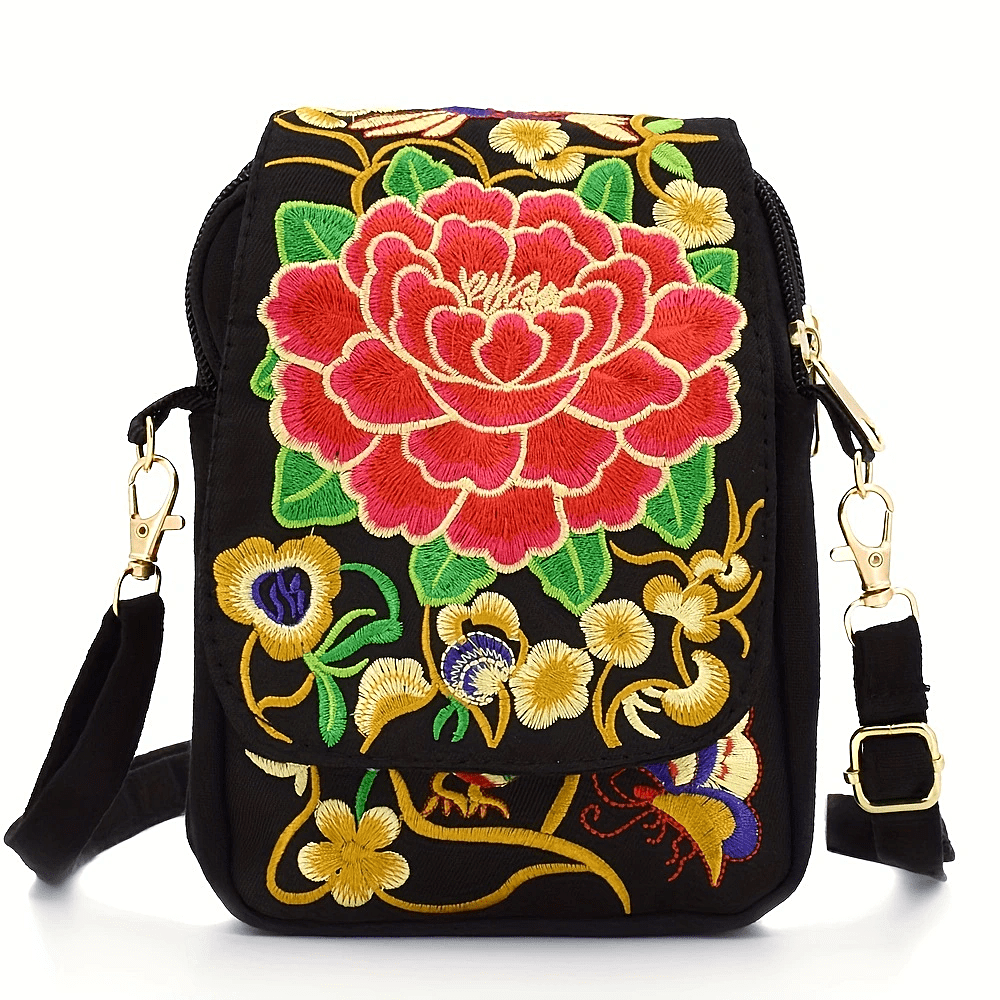 Women's Lightweight Embroidered Crossbody Bag with Detachable Strap - Floral Geometric Embroidery Design, Zipper Closure, Compact Mini Shoulder Bag for Everyday Essentials (Navy/Purple/Red/Black), Crossbody Bag, Polyester Lin