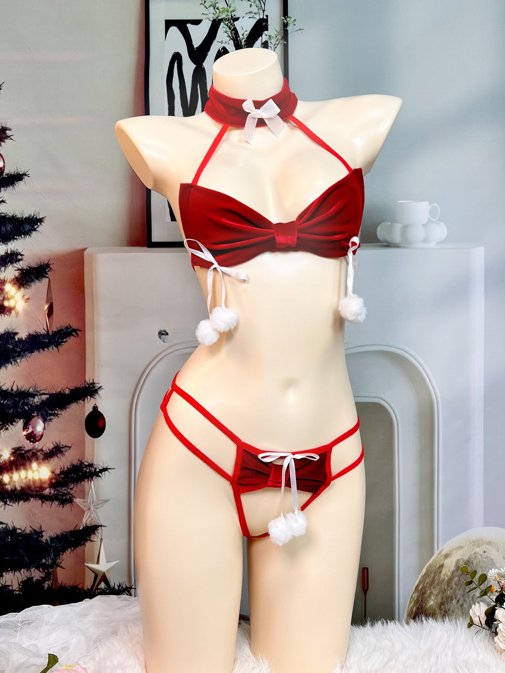Women's Sexy Christmas Lingerie Set, Bra & Open Crotch Thong, Women's Sexy Lingerie & Underwear