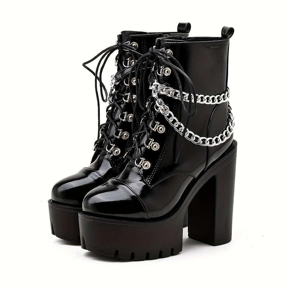 GDGYDH Women's Black Gothic Ankle Boots with Chain Accents - High Heel, Lace-Up, Cover Platform Boots for Party Wear, Round Toe, All-Season, Fashion Boots|Edgy Boot Design|Decorative Chain Detail, High Heel Boots
