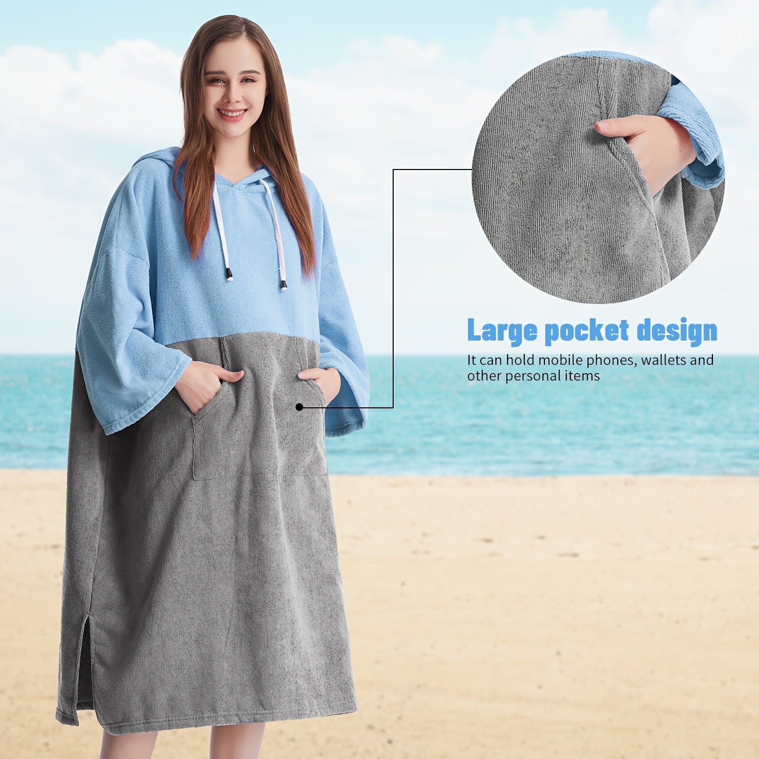Mutao Quick-Dry Hooded Changing Robe - Cozy Terry Towel Poncho with Front Pocket, Windproof & Perfect for Beach, Surfing, Diving, Swimming - One Size Fits All, Machine Washable