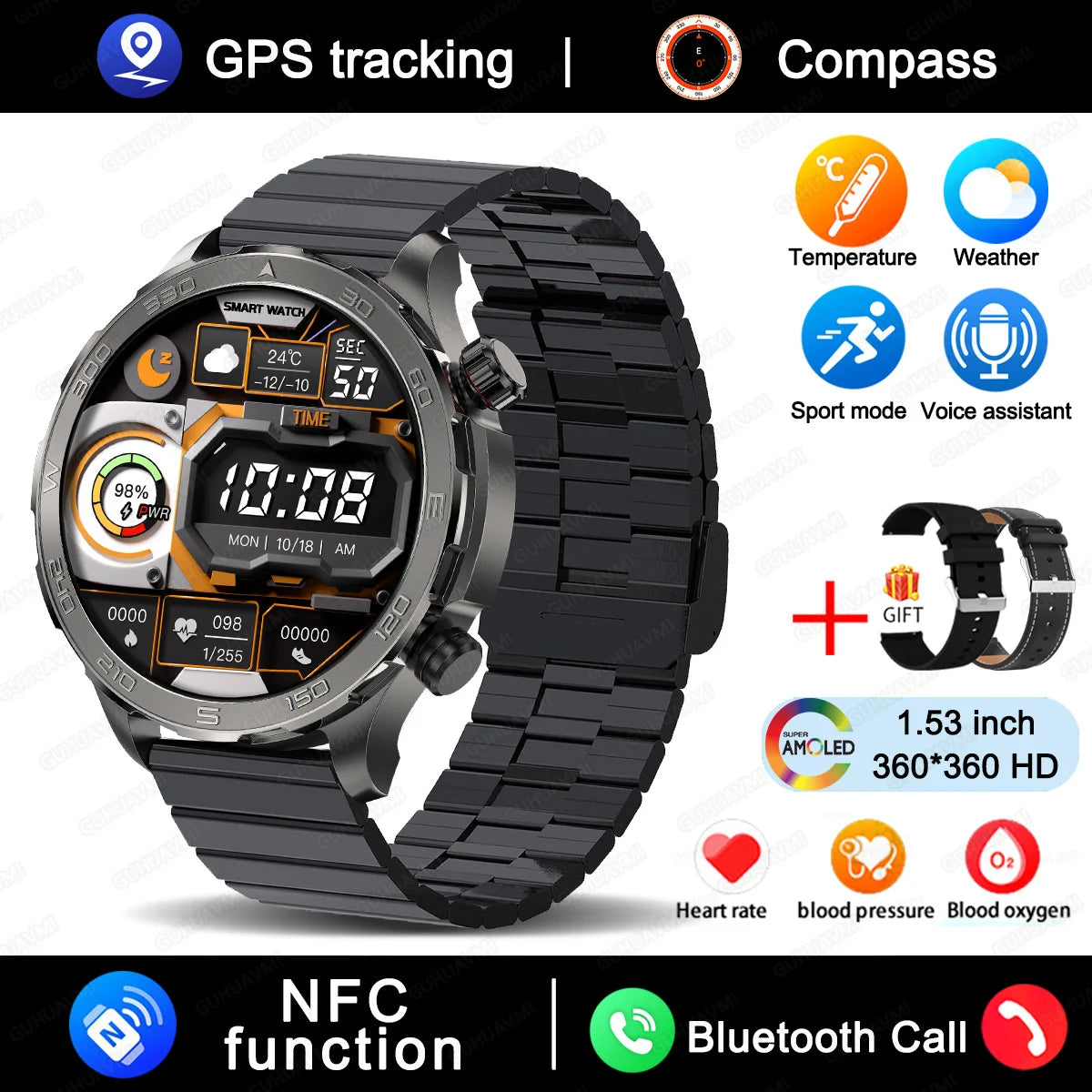 2025 New GUHUAVMI IP68 Waterproof GPS Sports Smart Watch Men AMOLED HD Screen Heart Rate NFC Bluetooth Call Smart Watches Woman