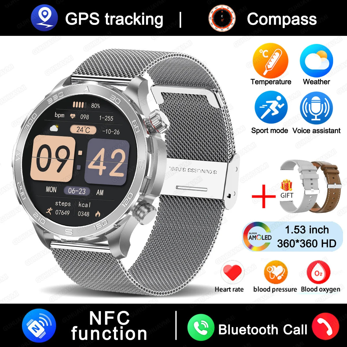 2025 New GUHUAVMI IP68 Waterproof GPS Sports Smart Watch Men AMOLED HD Screen Heart Rate NFC Bluetooth Call Smart Watches Woman