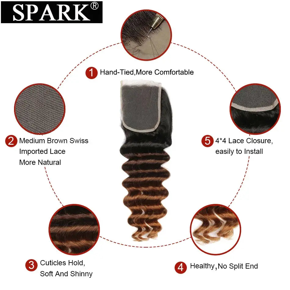 Spark Brazilian Loose Deep Wave Bundles With Closure Ombre Hair Human Hair With Lace Closure Remy Hair Extension Medium  Ratio