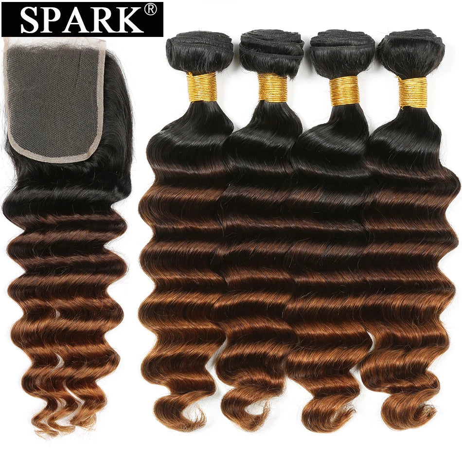 Spark Brazilian Loose Deep Wave Bundles With Closure Ombre Hair Human Hair With Lace Closure Remy Hair Extension Medium  Ratio