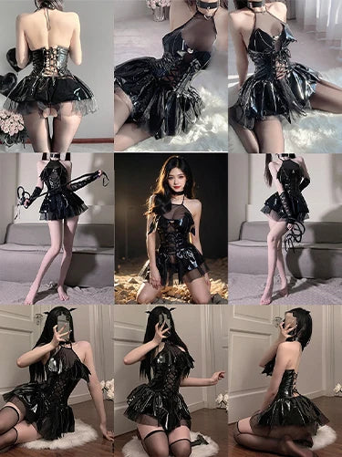 Stage Clubwear Sexy Leather Lingerie Shine Garter Underwear Hollow Out Erotic Bodysuit with Stockings Exotic Apparel Teddies Set