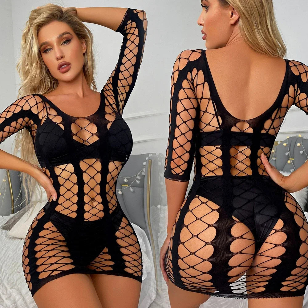 Sexy Women Elastic Lingerie Bodystocking Fishnet Hollow Dress Bodysuit Nightwear Bikini Cover Up Night Club Fantasy Erotic Wear