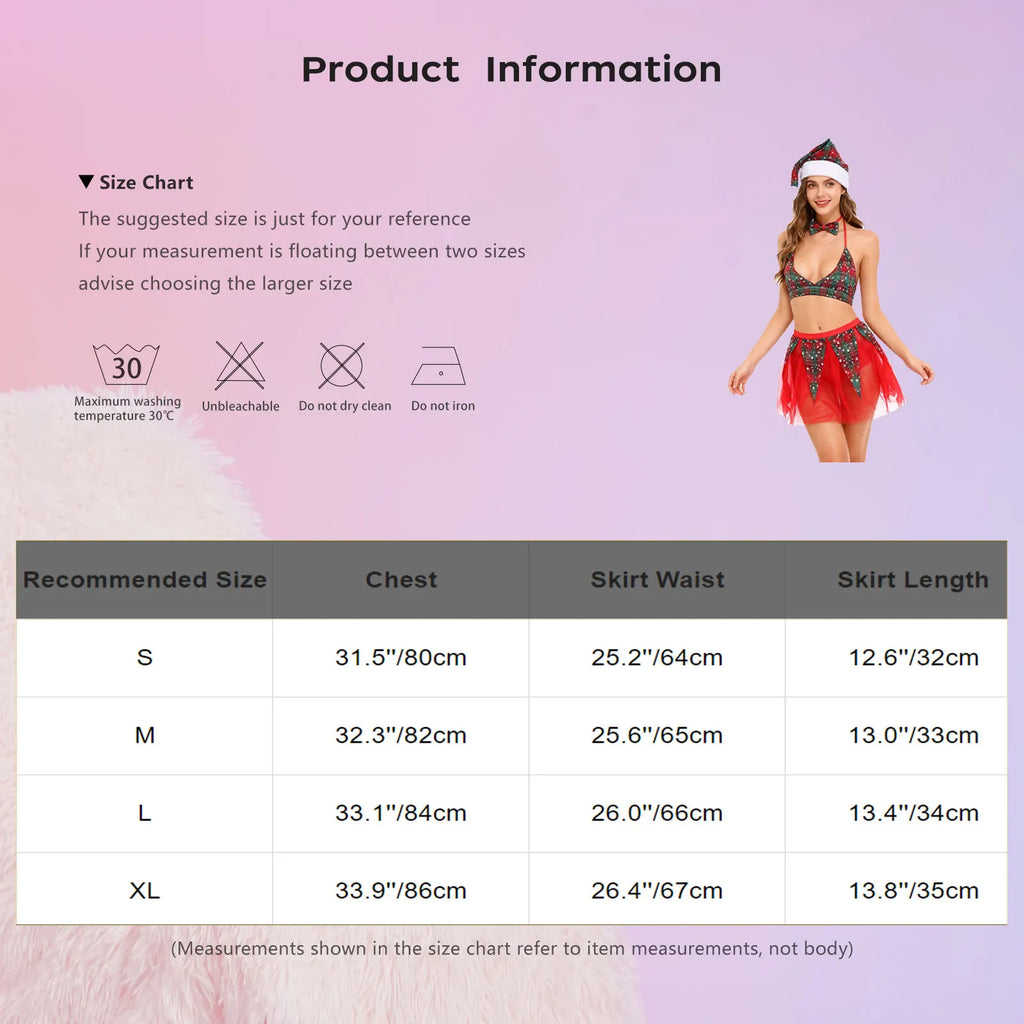 Womens Christmas Xmas Santa Claus Cosplay Lingerie Costume Set Halter Bra Top with Tulle Miniskirt Bowtie and Christmas Hat