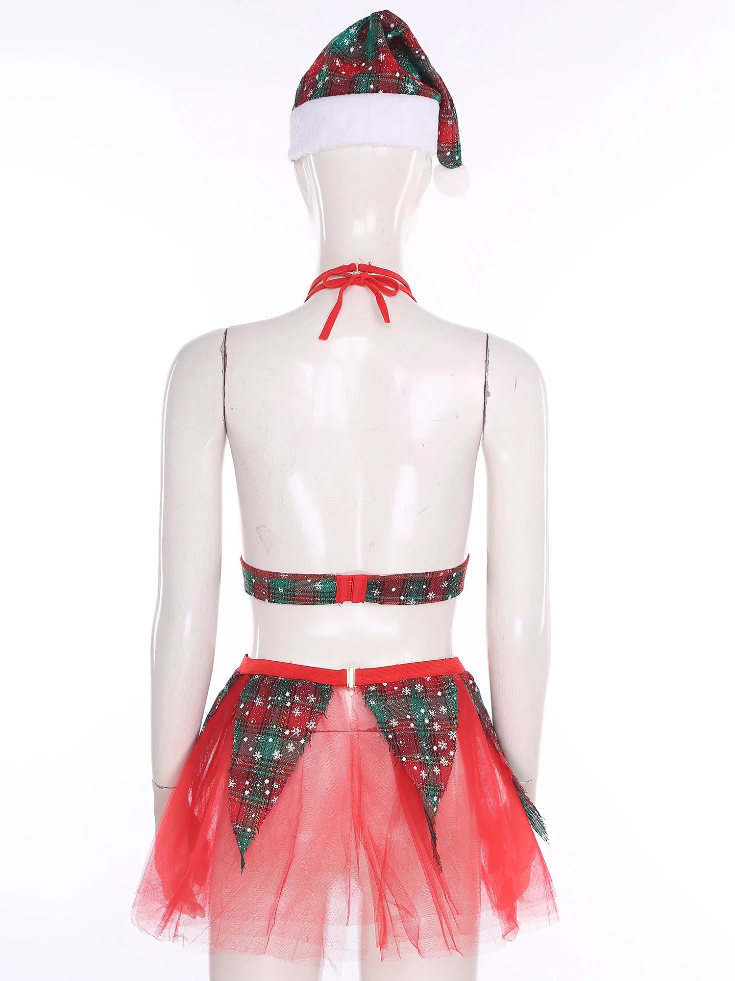 Womens Christmas Xmas Santa Claus Cosplay Lingerie Costume Set Halter Bra Top with Tulle Miniskirt Bowtie and Christmas Hat