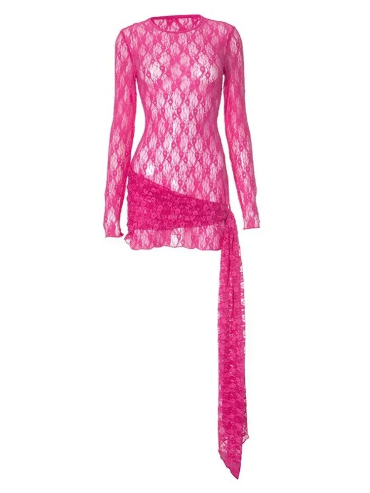 See Through Lace Bodycon Dress For Women Streetwear Long Sleeve Sexi Night Dress Hot Club Outfits Tassels Vestidos De Mujer