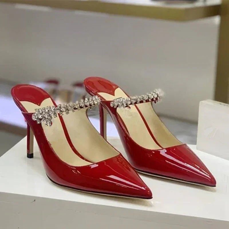 2025 new high heels patent leather pointed rhinestone fashion shoes