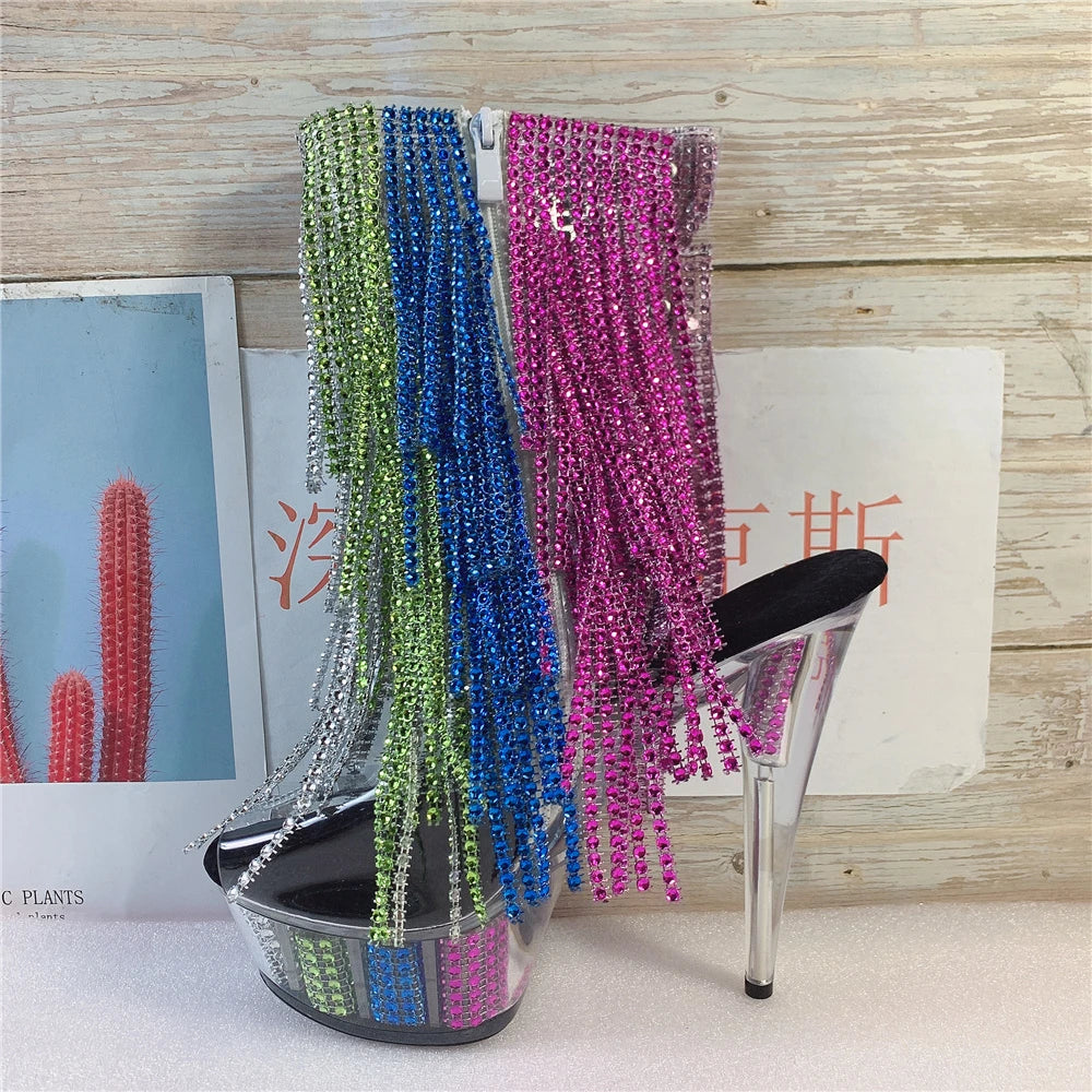 Brand Electroplated Tassels Pumps 17CM Thin High Heels Ankle Boots Pole Dance Nightclub Model Catwalk Platform Women's Shoes