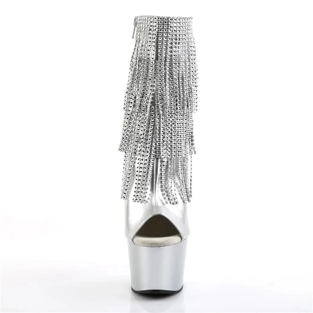 Brand Electroplated Tassels Pumps 17CM Thin High Heels Ankle Boots Pole Dance Nightclub Model Catwalk Platform Women's Shoes