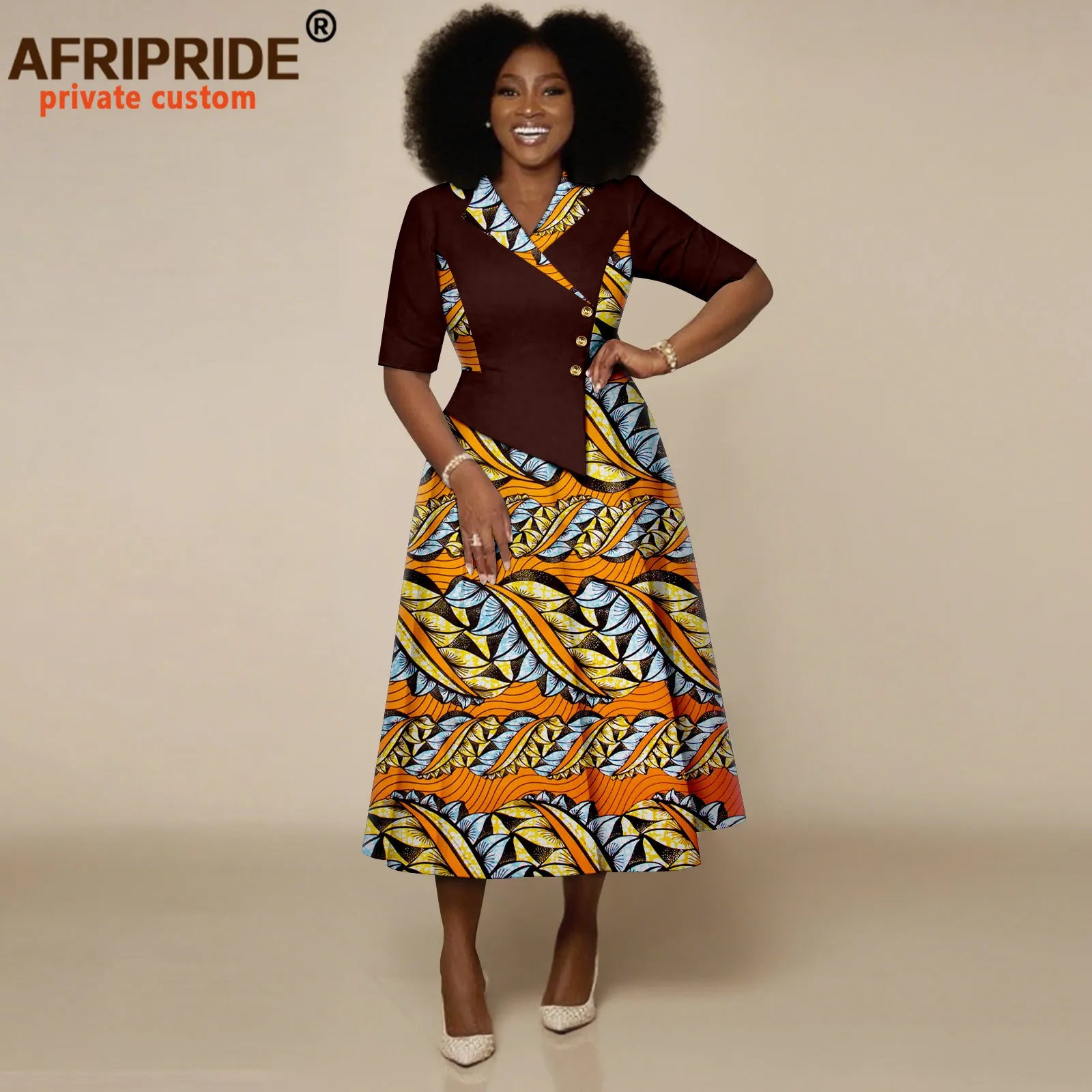 African Dresses for Women Half Sleeve High Waist Single Breasted Midi Dress Ankara Attire Print Party Outfits for Lady 2525132