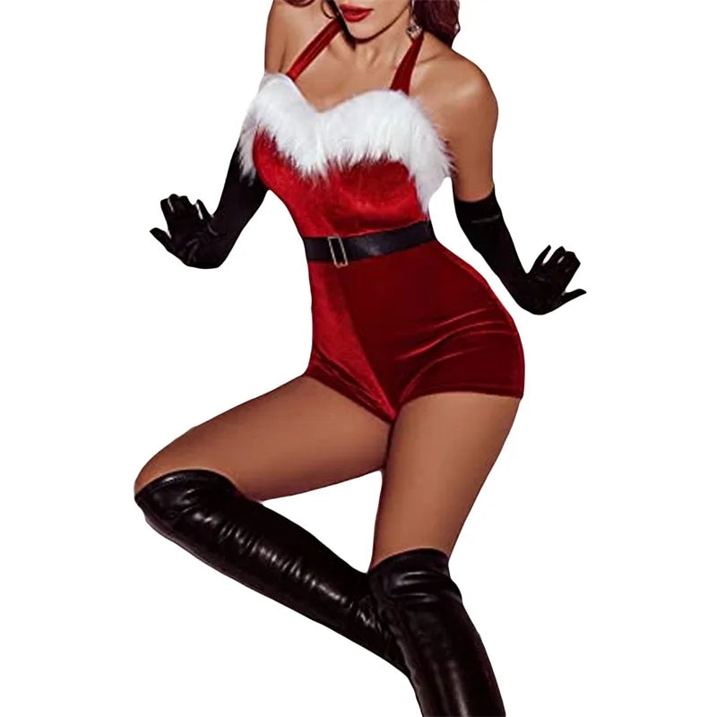 Women s Mrs Claus Costume Sleeveless Faux Fur Trim Halter Romper Short Jumpsuit