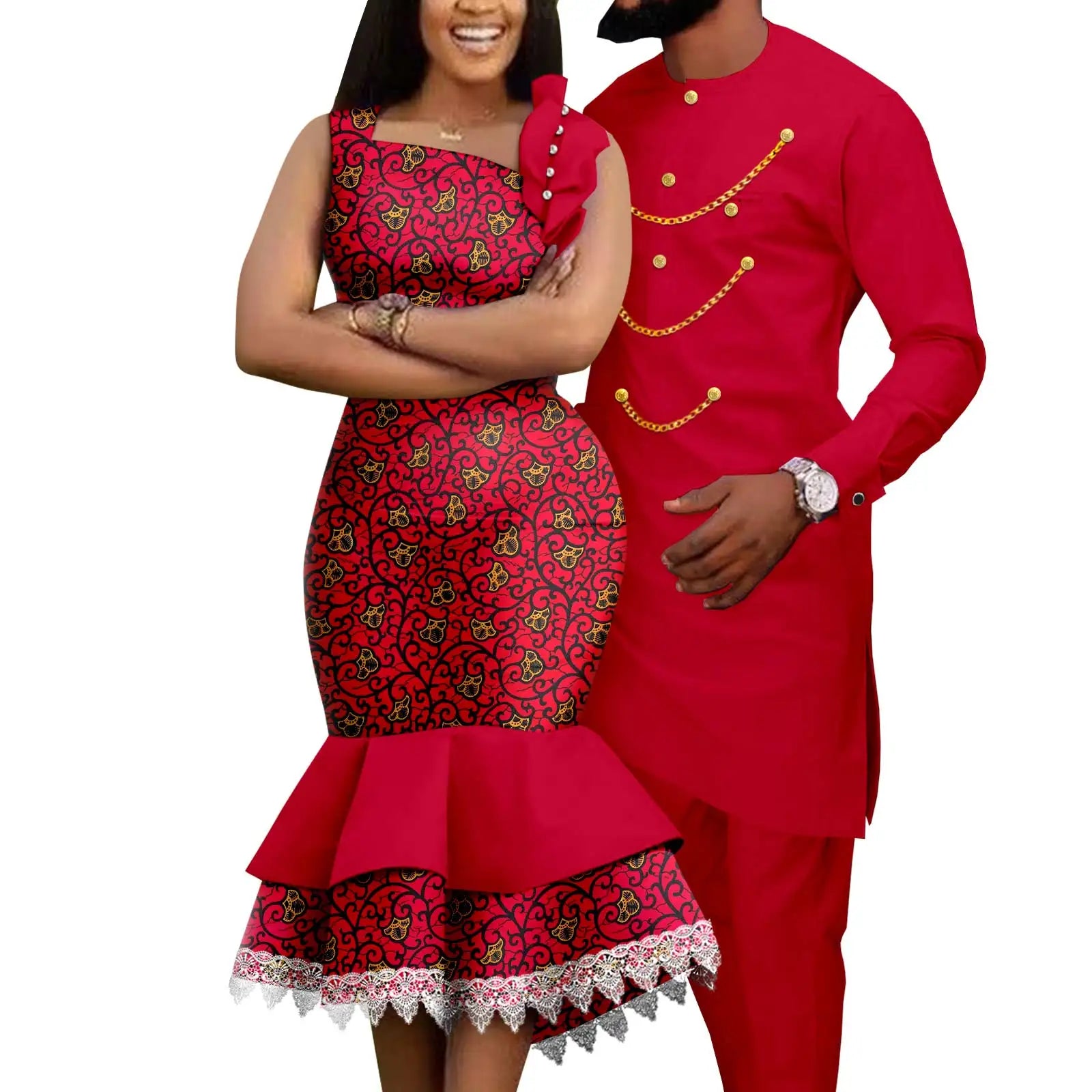 Dashiki African Slim Dresses for Women Matching Couple Outfits Men Chain Shirts and Pants Sets Wedding Party Clothes Y23C039