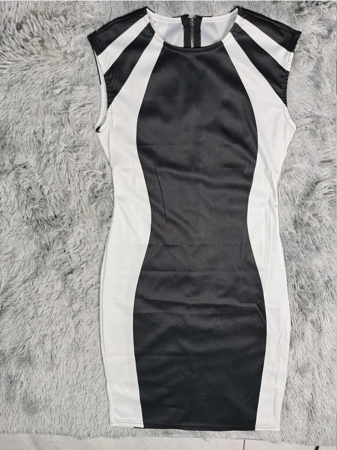 Elegant Women Party Club Dresses 2025 Summer Fashion Colorblock Round Neck  Bodycon Dress Sleeveless Casual Mini Black Dress