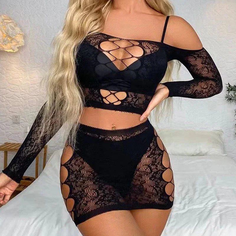Sexy Lingerie Lenceria See Through Fishnet Tights Porn Dress Bodysuit Set For Women Femenina Exotic Underwear Costume Backless