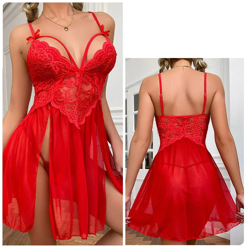 Sexy Woman Lingerie for Sex Bodysuit Underwear Erotic Nightdress Open Bra Lingerie Deep Backless Dress Transparent Lace Lingerie