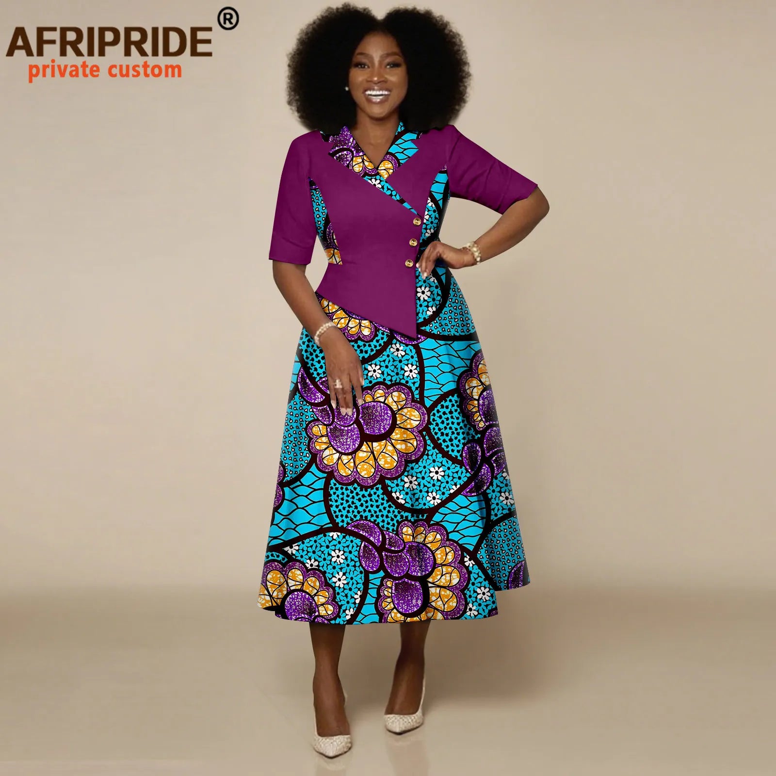 African Dresses for Women Half Sleeve High Waist Single Breasted Midi Dress Ankara Attire Print Party Outfits for Lady 2525132