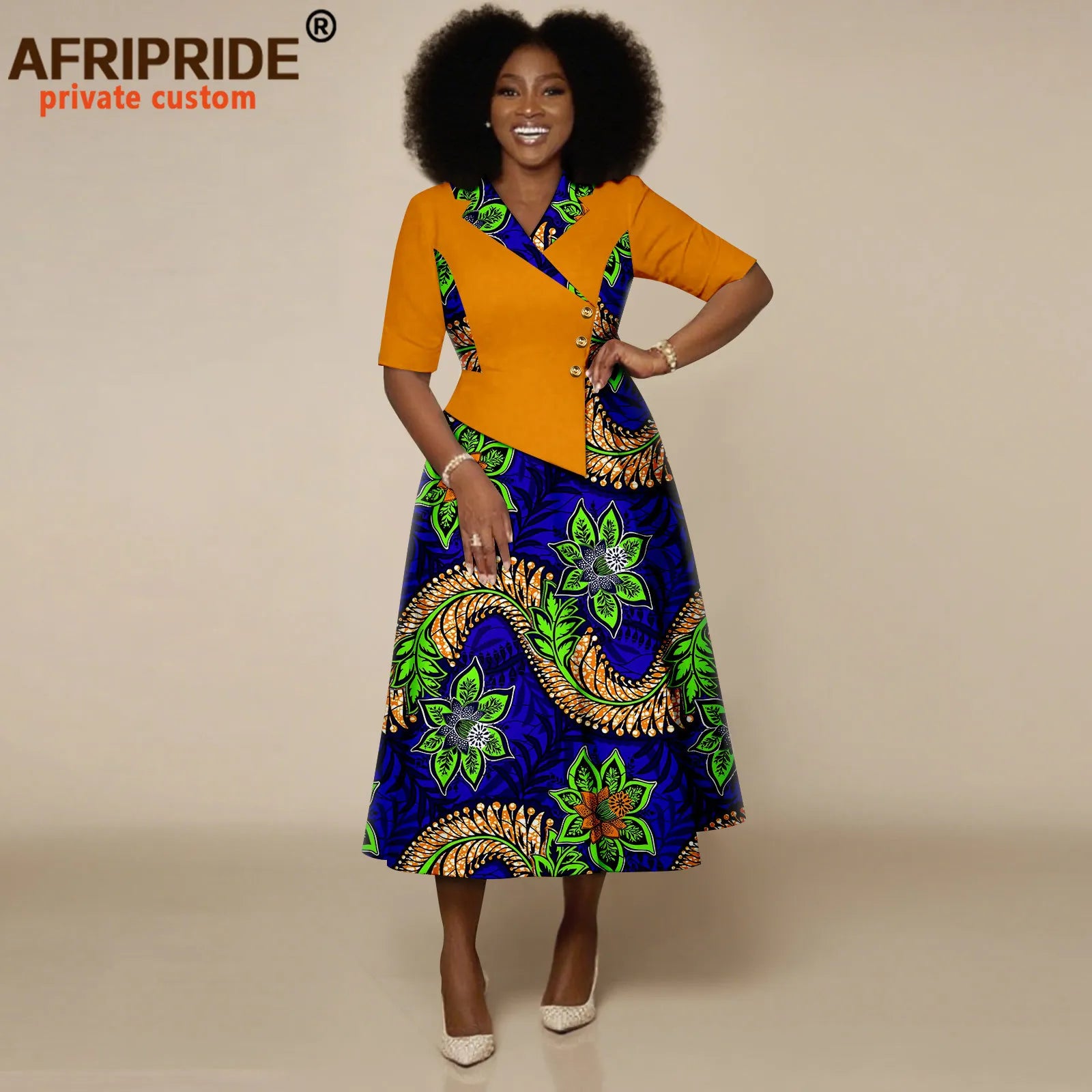 African Dresses for Women Half Sleeve High Waist Single Breasted Midi Dress Ankara Attire Print Party Outfits for Lady 2525132