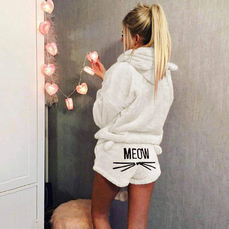 Women Coral Velvet Pajamas Set Autumn Winter Warm Pajamas Two Piece Set Sleepwear Cute Cat Meow Pattern Hoodies Shorts Set