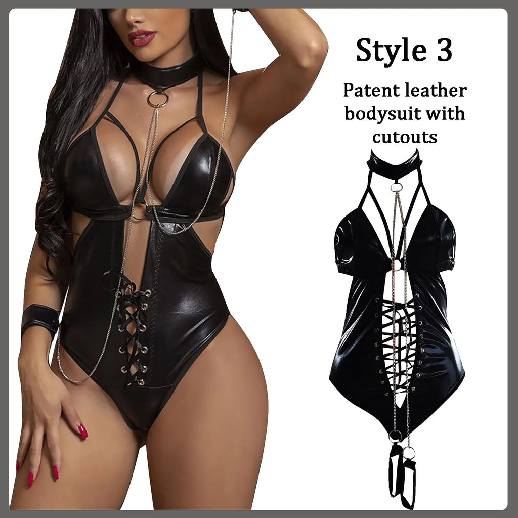 Sexy Women Lingerie Babydoll Underwear PU Leather Dress Erotic Lingerie Sex Costumes Erotic Dress Sex Clothes Dance Clubwear