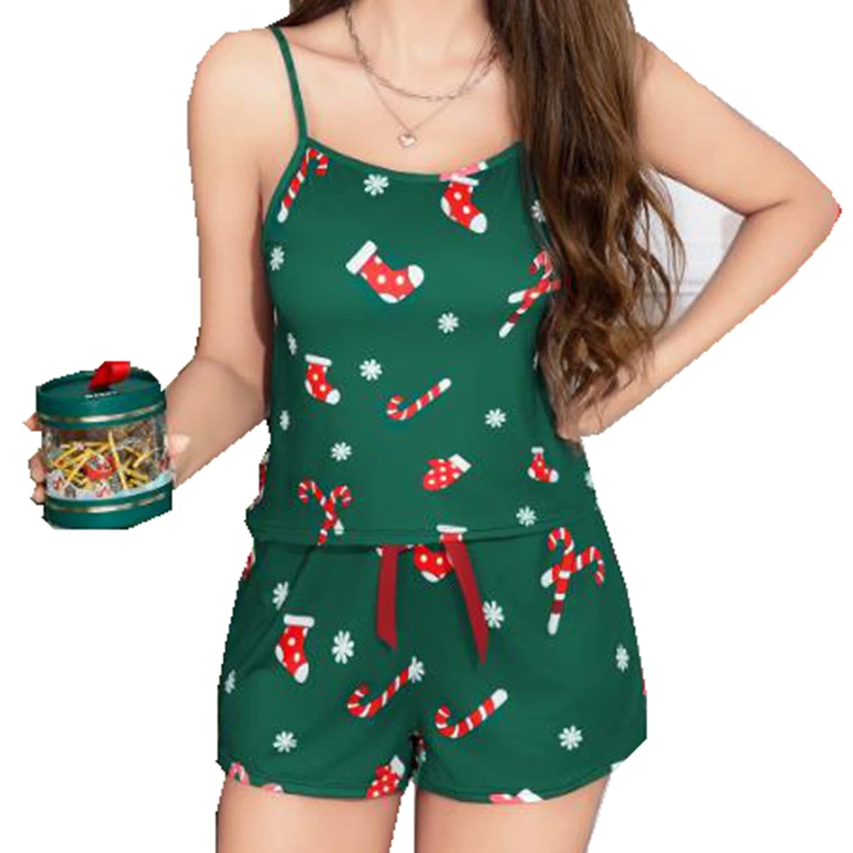 Women's Clothing Christmas 2 Piece Outfits Loungewear Set Christmas Print Spaghetti Straps Sleeveless Top + Elastic Loose Shorts