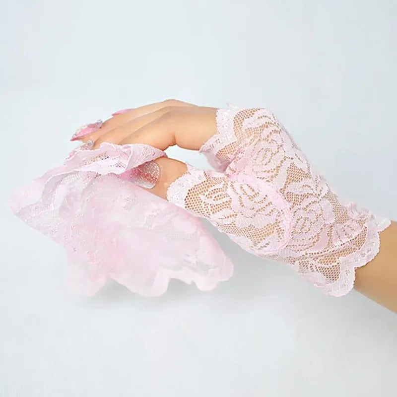 Sexy Bridal Lace Fingerless Gloves For Women Party Dressy Gloves Sunscreen Gloves Girls Mittens Black White Pink Gloves