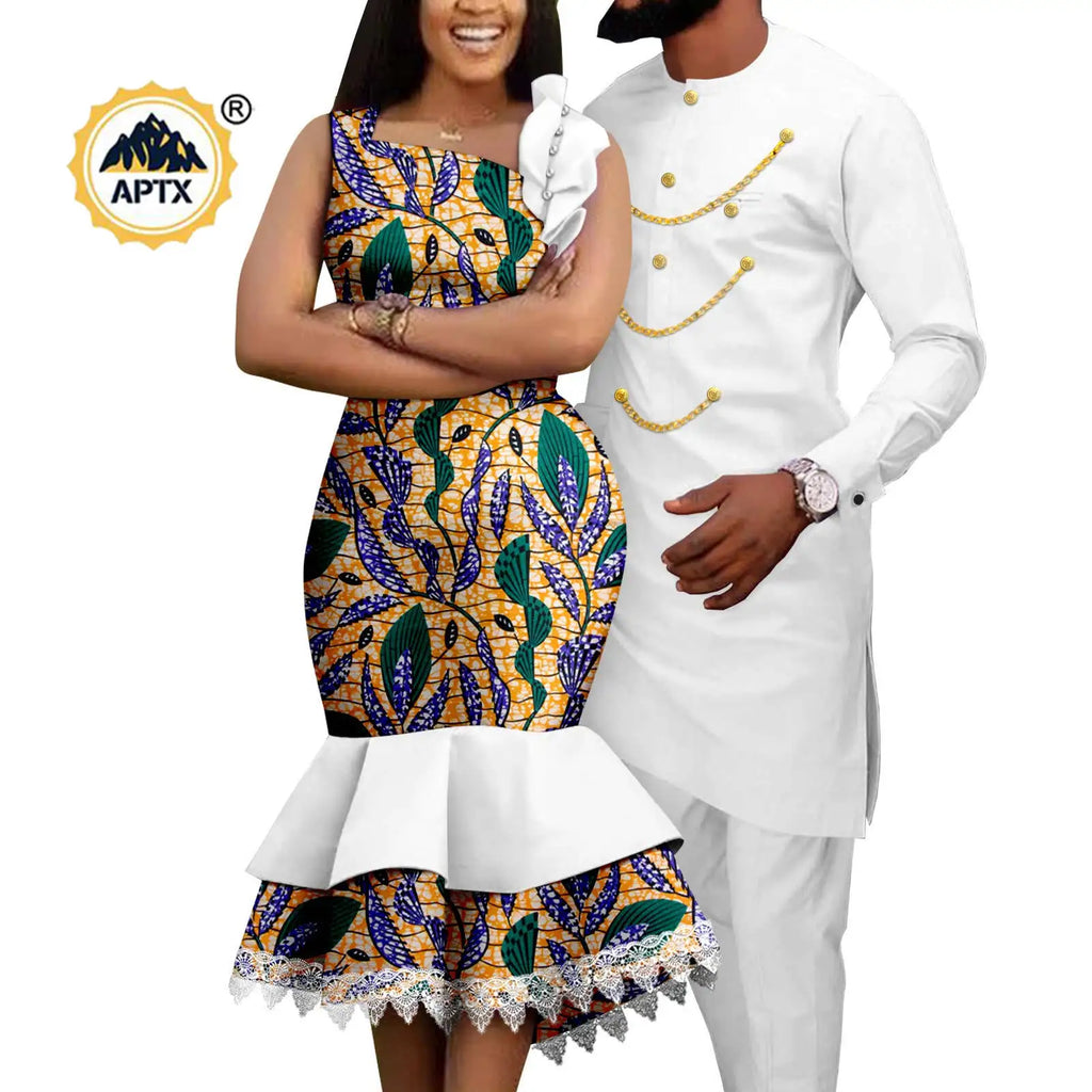 Dashiki African Slim Dresses for Women Matching Couple Outfits Men Chain Shirts and Pants Sets Wedding Party Clothes Y23C039
